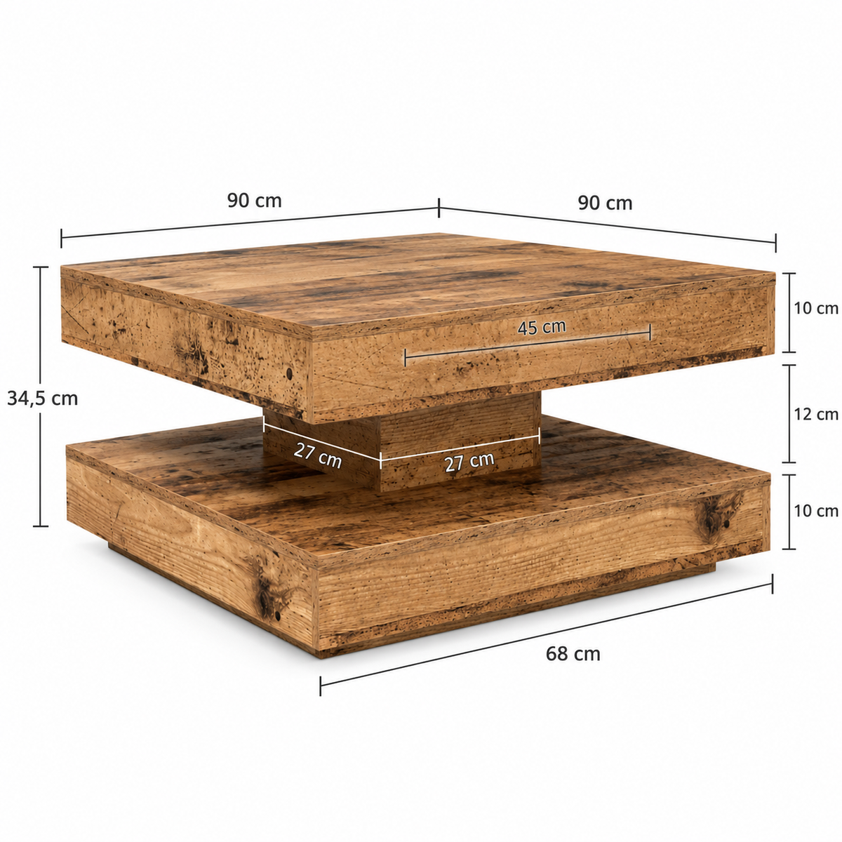 Dimensions de Table basse bois vieilli rotative