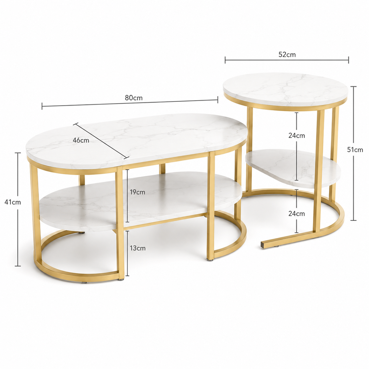 Dimensions de Table basse gigogne ovale effet marbre dorée