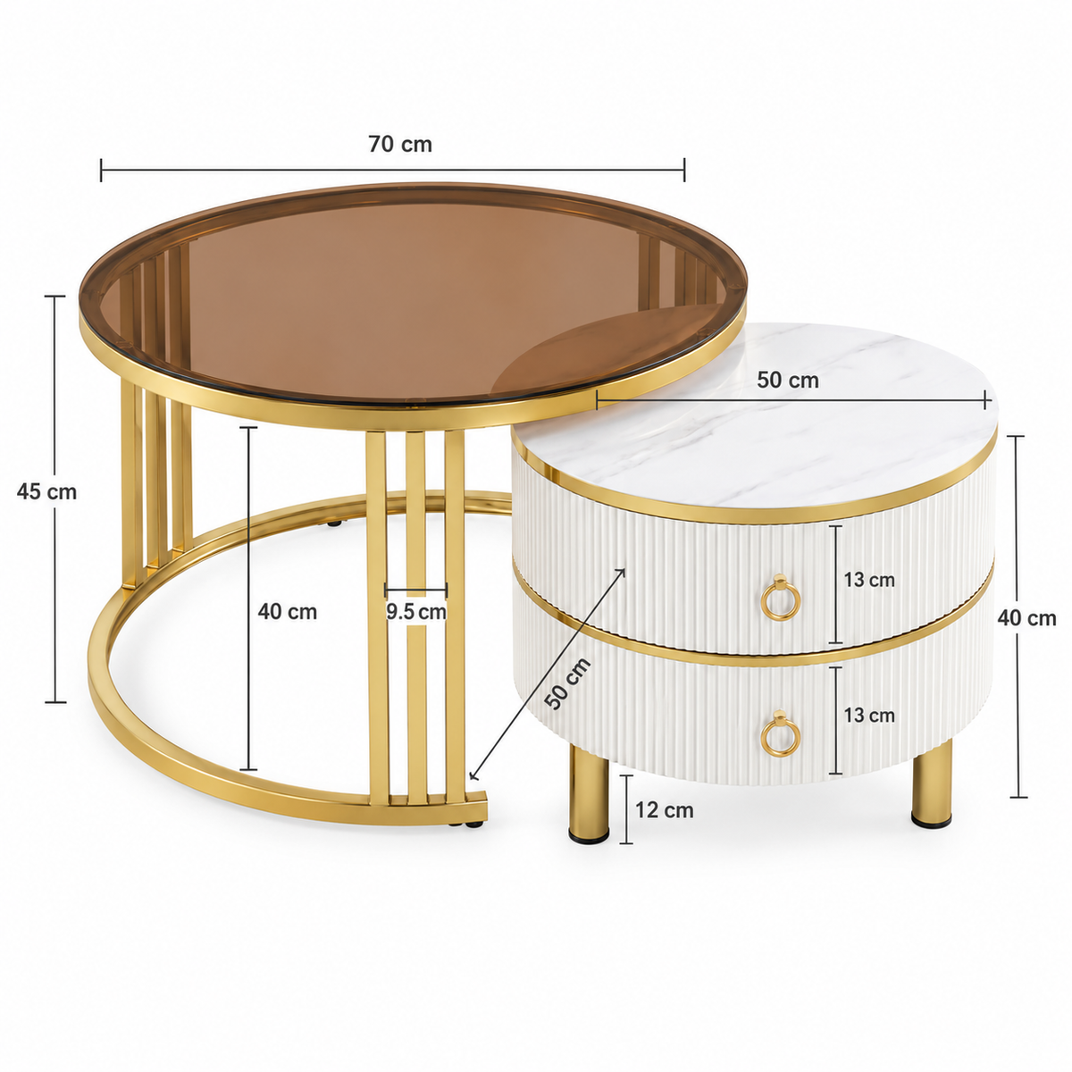 Dimensions de Table basse gigogne ronde en verre trempé à tiroirs