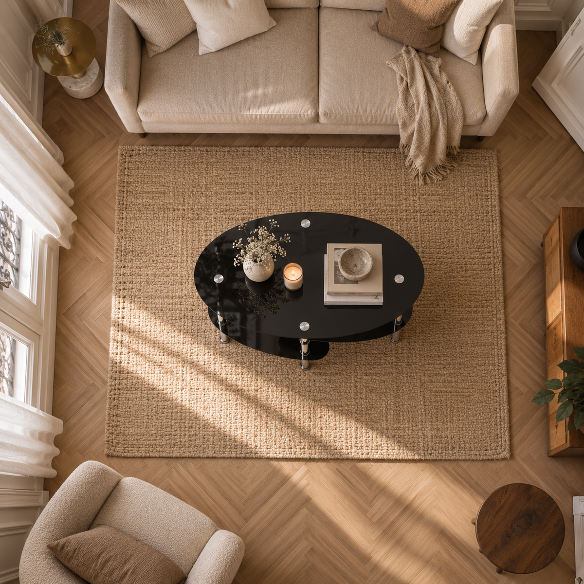 Table basse en verre ovale noir dans un salon