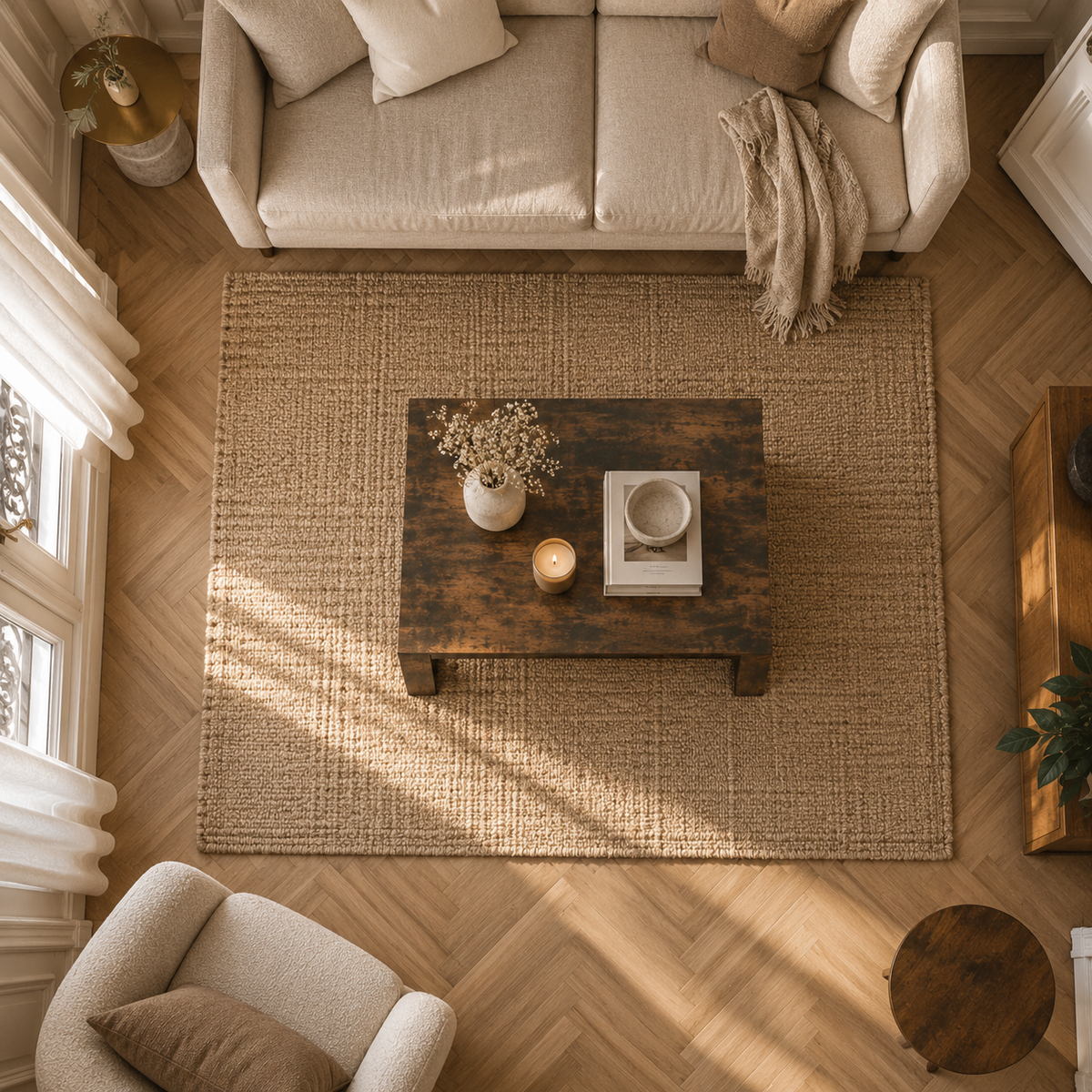 Table basse bois chêne fumé dans un salon