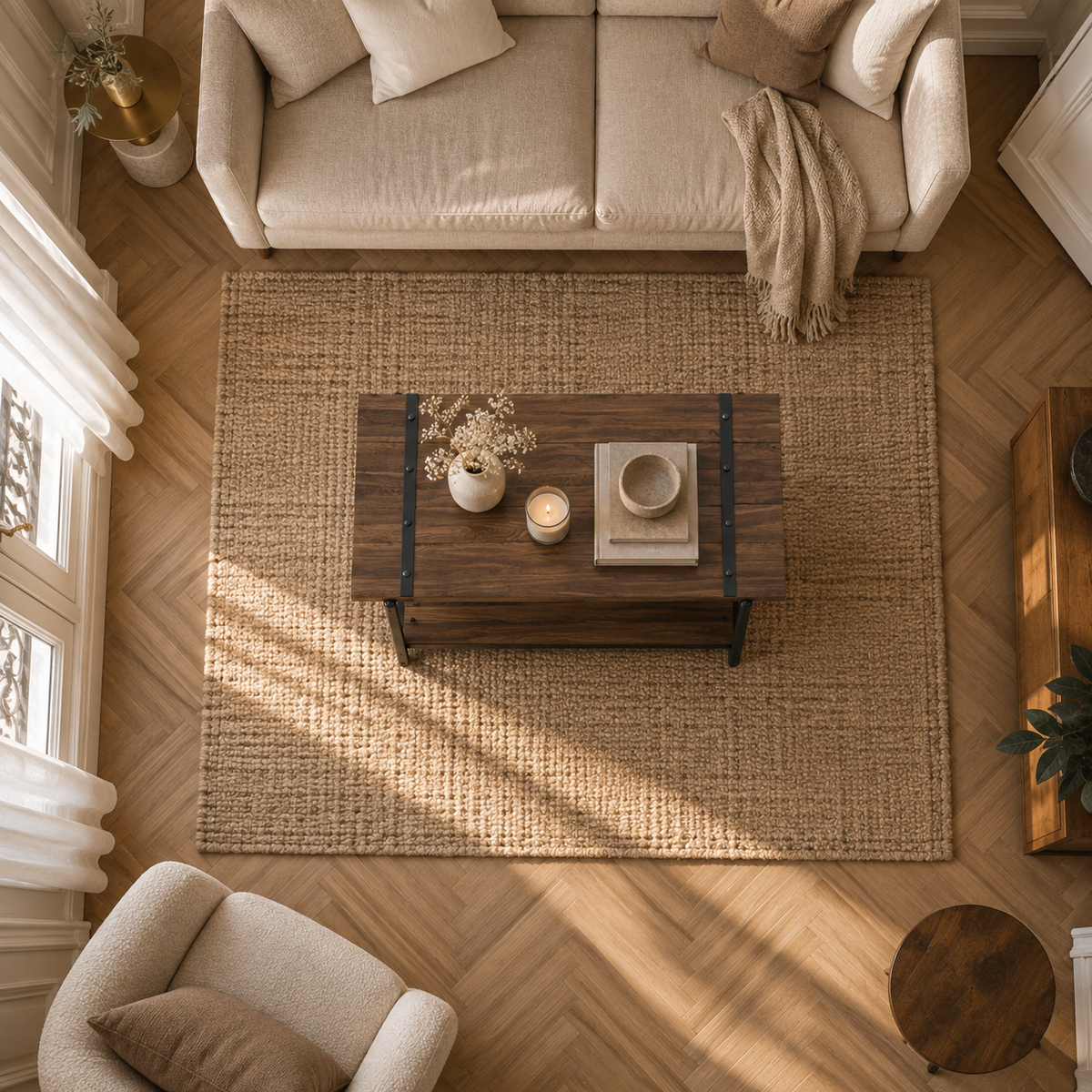 Table basse bois style ferme dans un salon