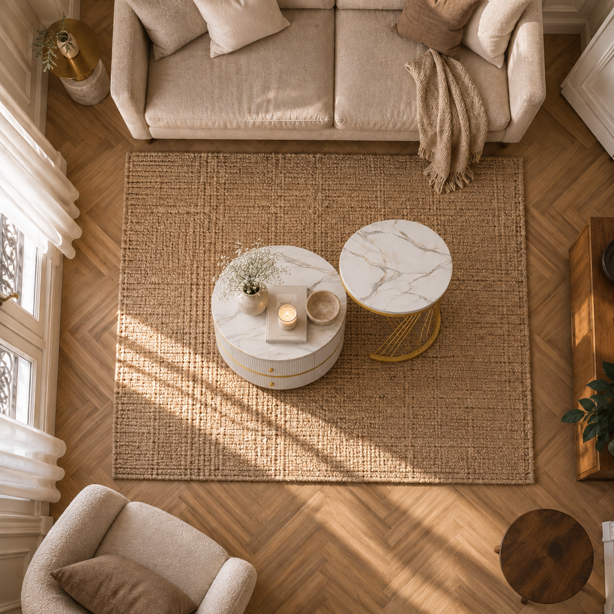Table basse gigogne ronde effet marbre avec tiroirs dans un salon