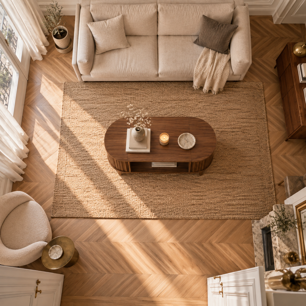 Table basse bois ovale finition noyer dans un salon