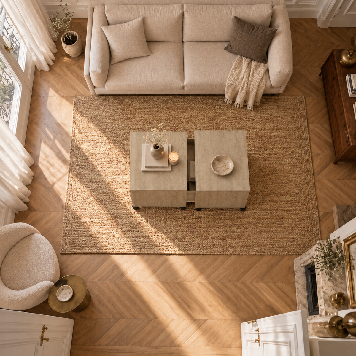 Table basse bois carrée chêne Sonoma dans un salon
