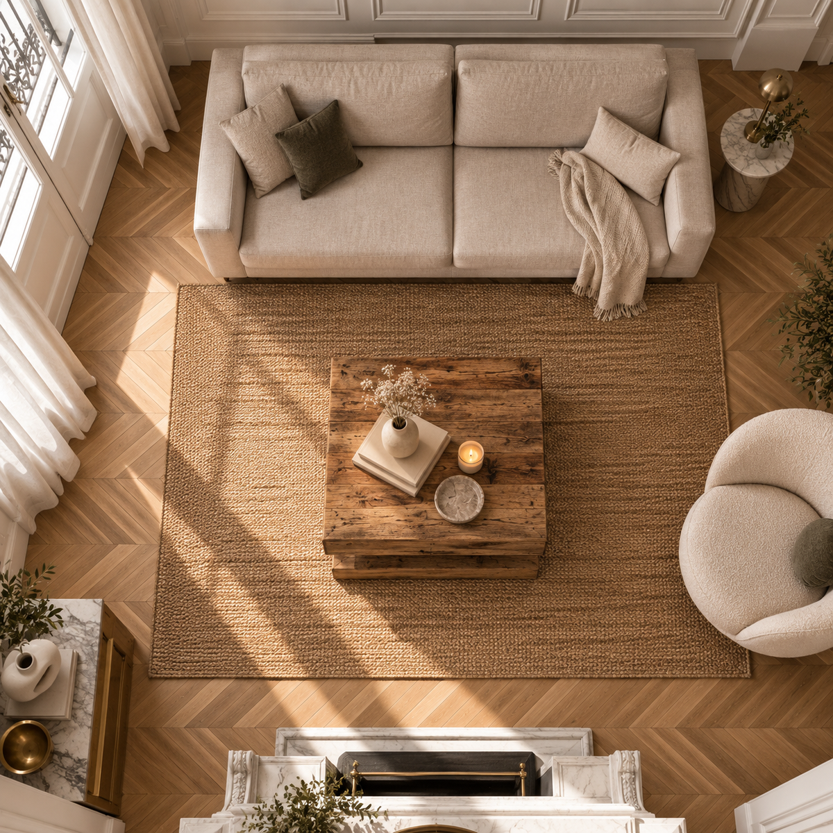 Table basse bois vieilli rotative dans un salon