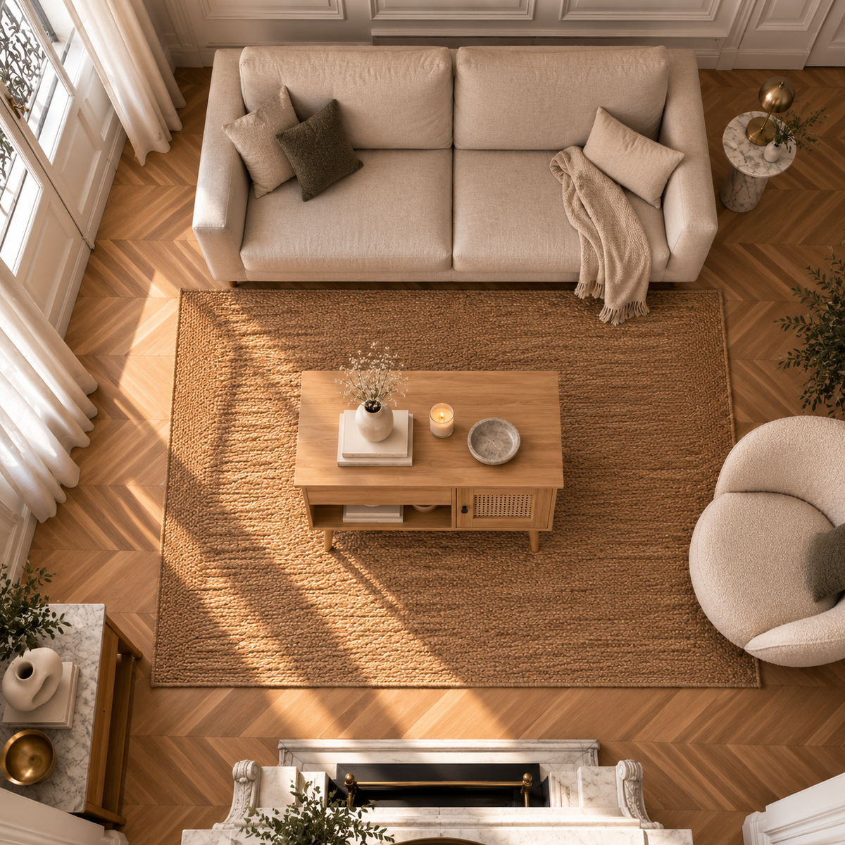 Table basse bois plateau relevable rotin dans un salon
