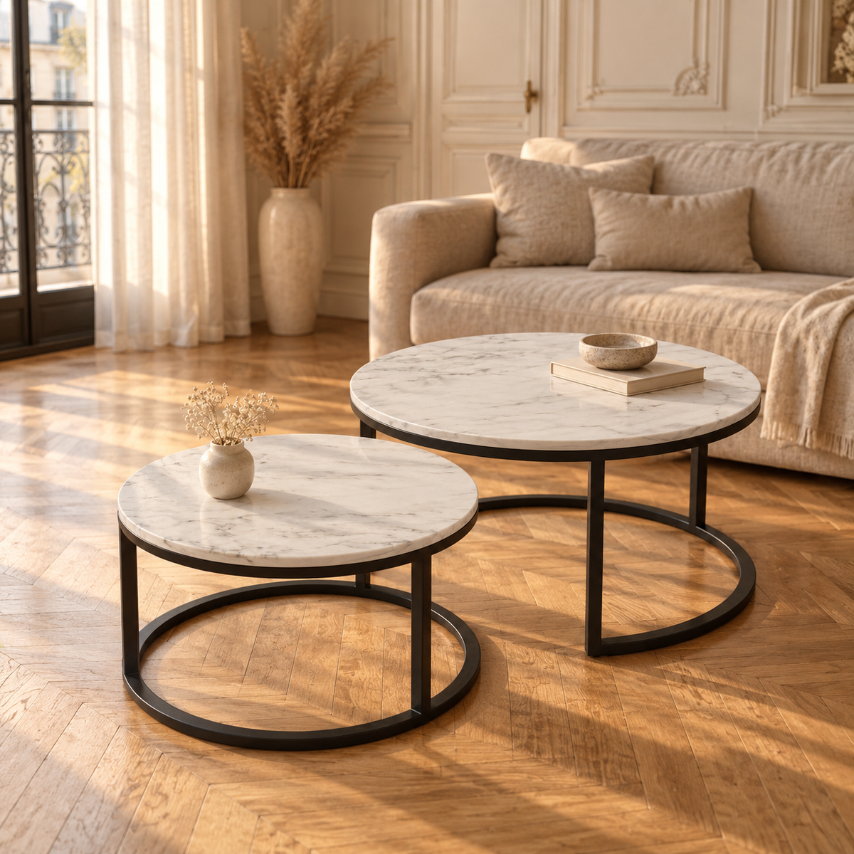Table basse gigogne ronde effet marbre métal noir