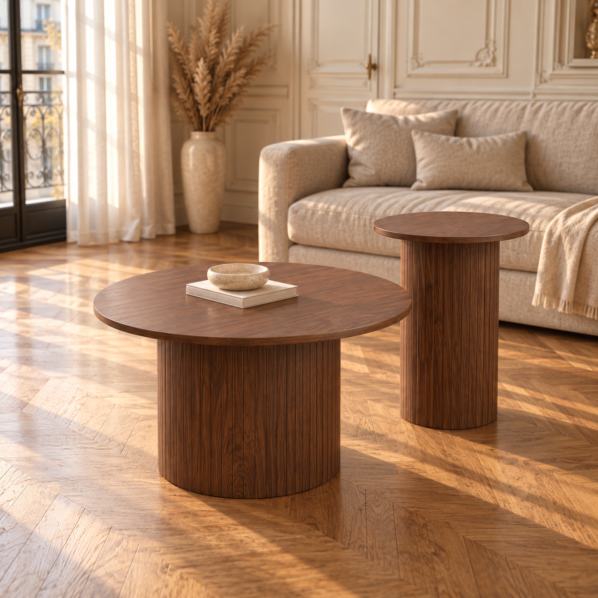 Tables basses gigognes rondes effet bois, colonne rainurée