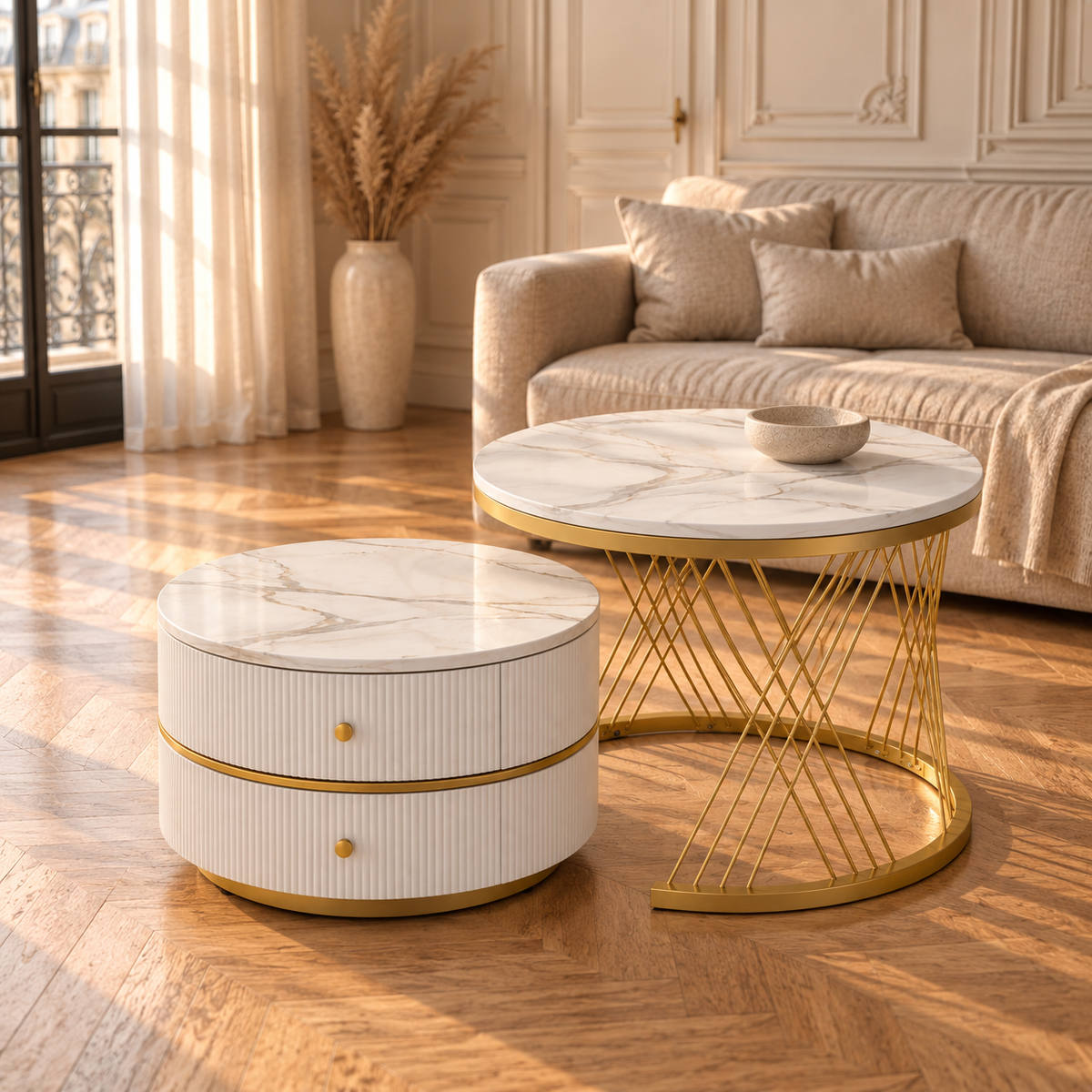 Table basse gigogne ronde effet marbre avec tiroirs