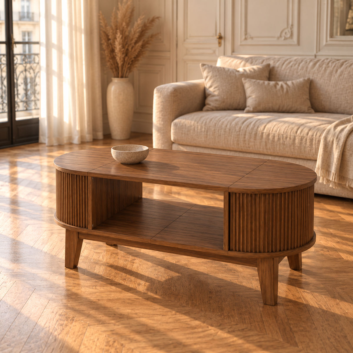 Table basse bois ovale finition noyer