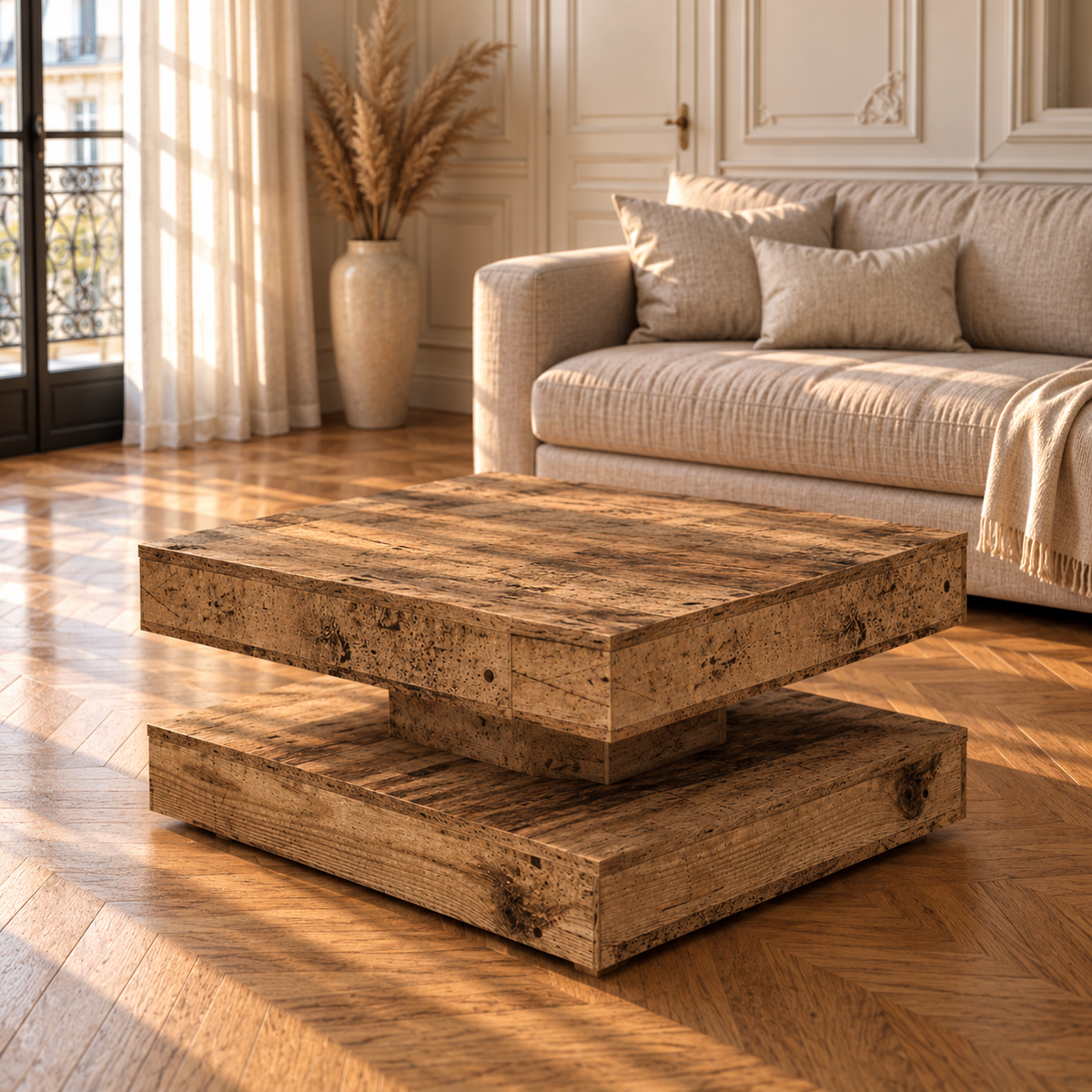 Table basse bois vieilli rotative
