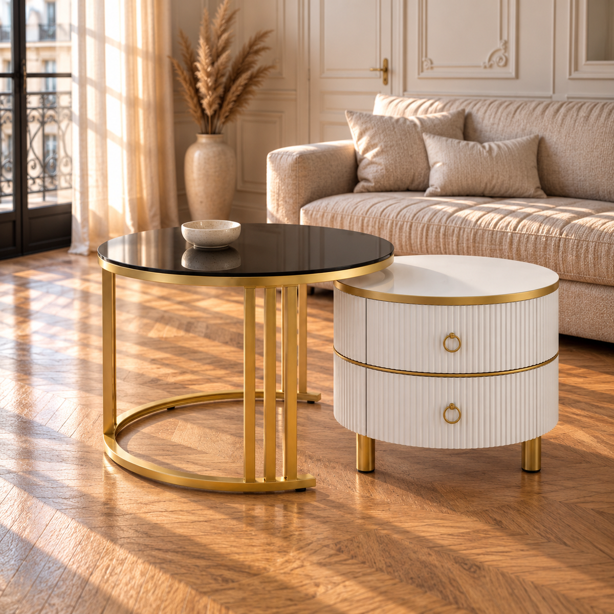 Table basse gigogne ronde en verre trempé à tiroirs