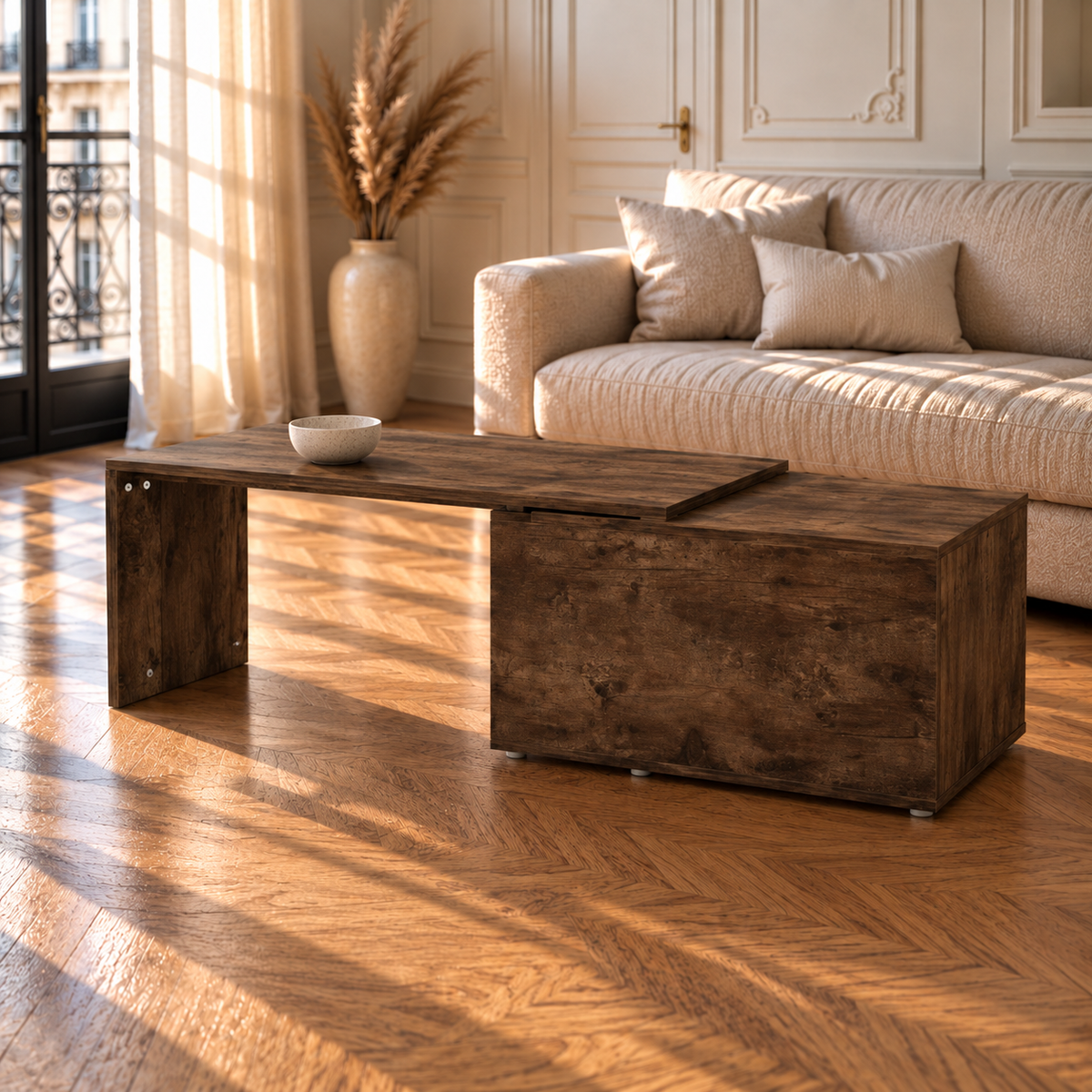 Table basse bois chêne fumé plateau pivotant