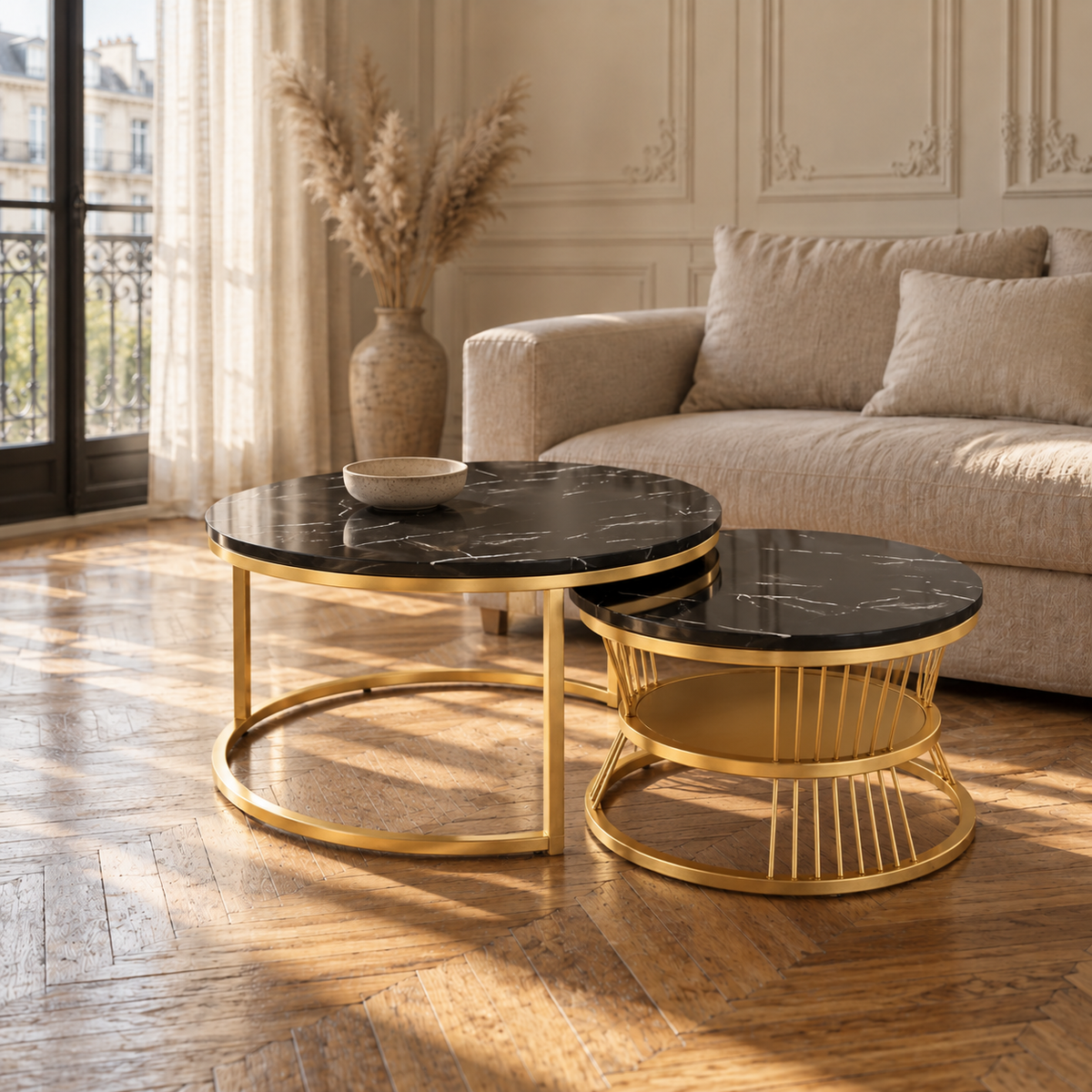 Table basse gigogne ronde effet marbre noir