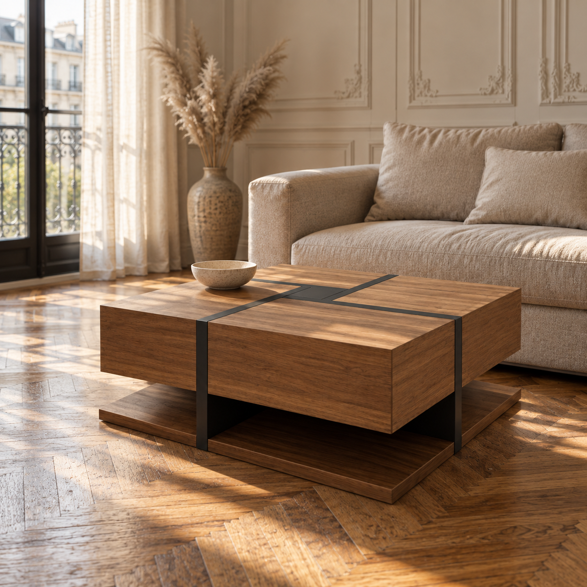 Table basse bois carrée - design géométrique