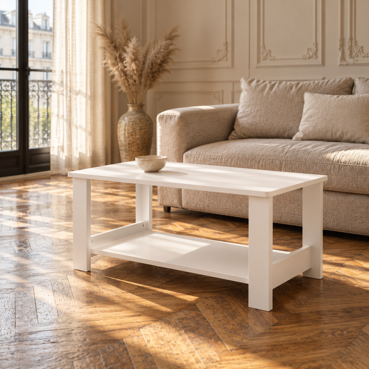 Table basse bois blanche finition grain de bois