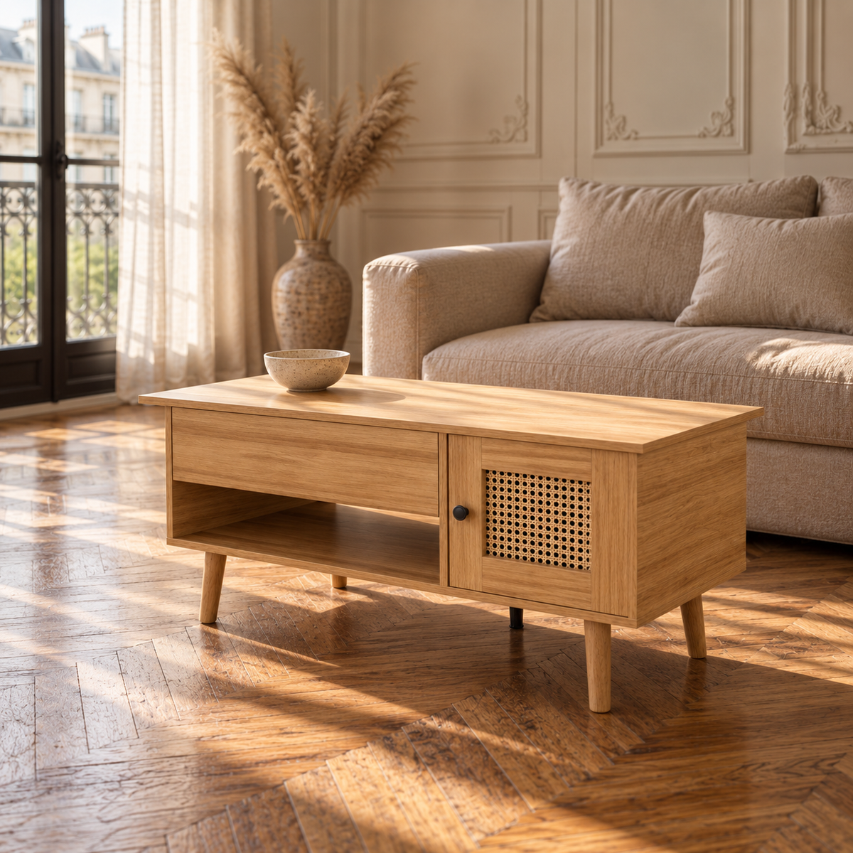 Table basse bois plateau relevable rotin