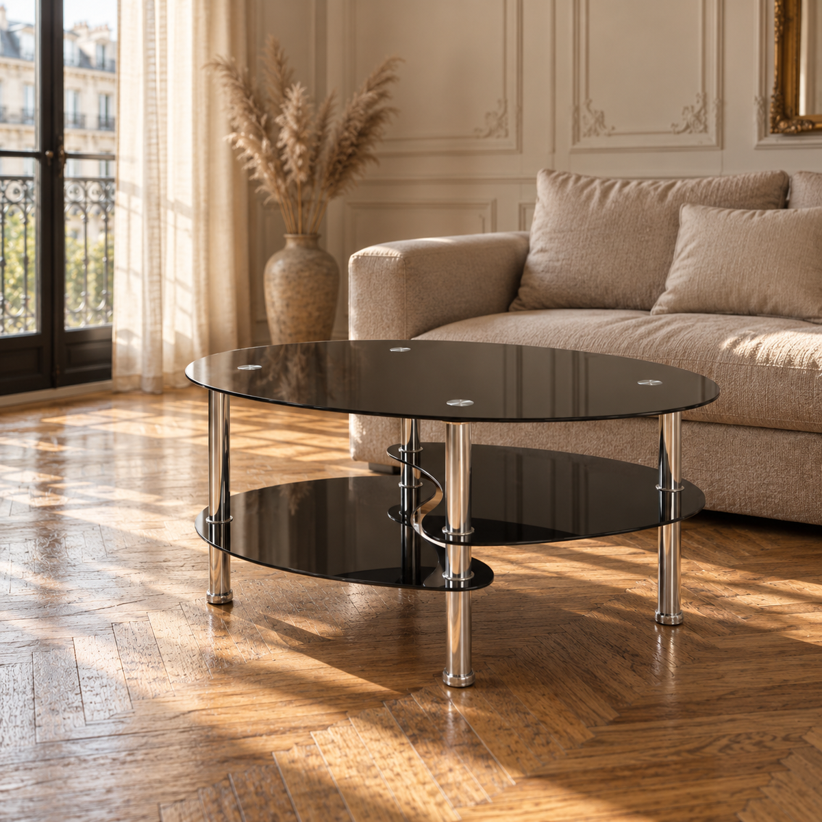 Table basse en verre ovale noir