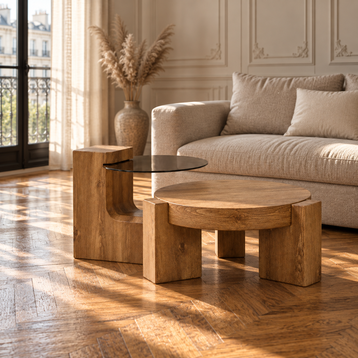 Table basse en verre et bois - design rond