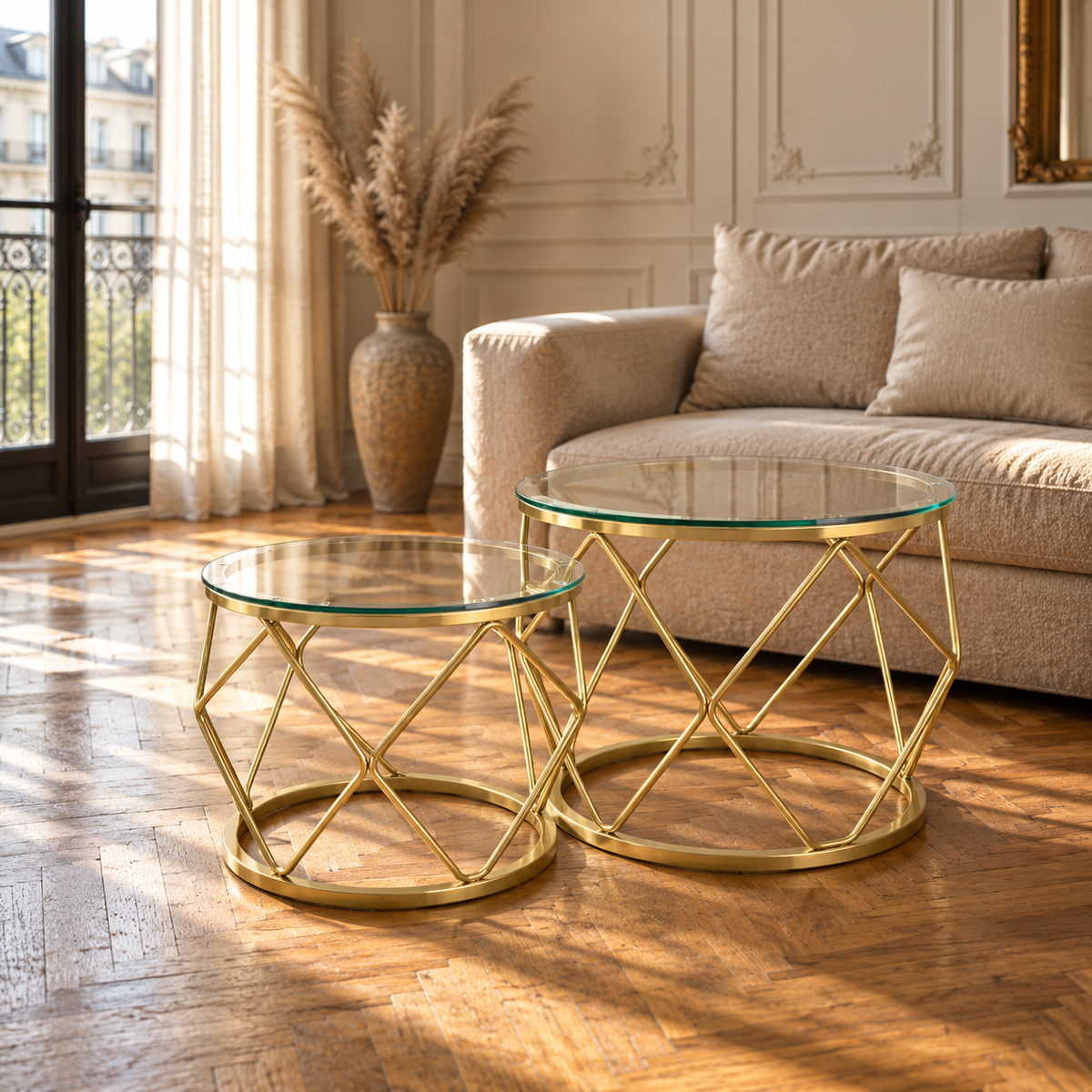 Table basse gigogne en verre ronde dorée
