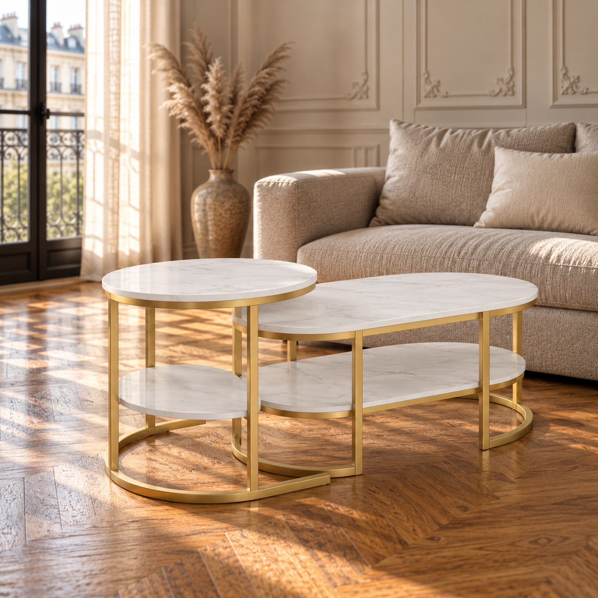 Table basse gigogne ovale effet marbre dorée