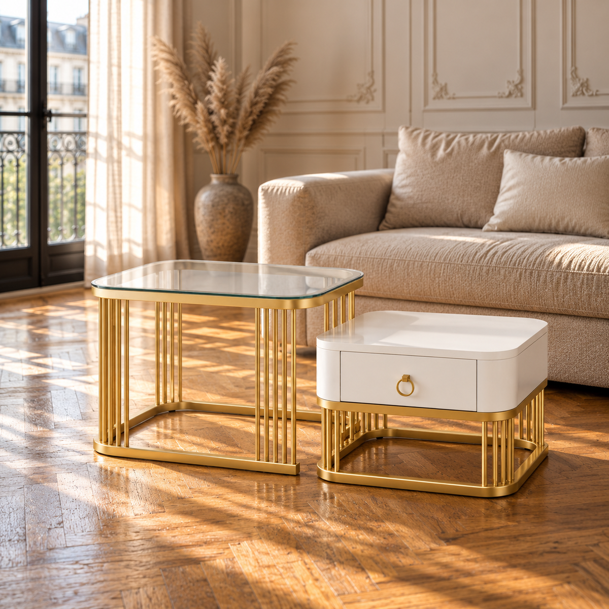 Table basse gigogne en verre carrée dorée