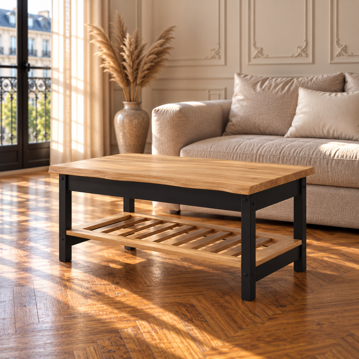 Table basse en bois de pin massif noir avec rangement