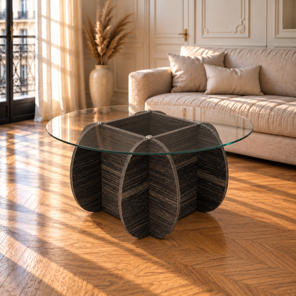 Table basse en verre trempé ronde, base bois massif noir