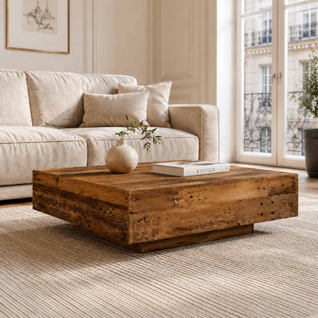 Table basse bois vieilli plateau flottant — 85x55cm