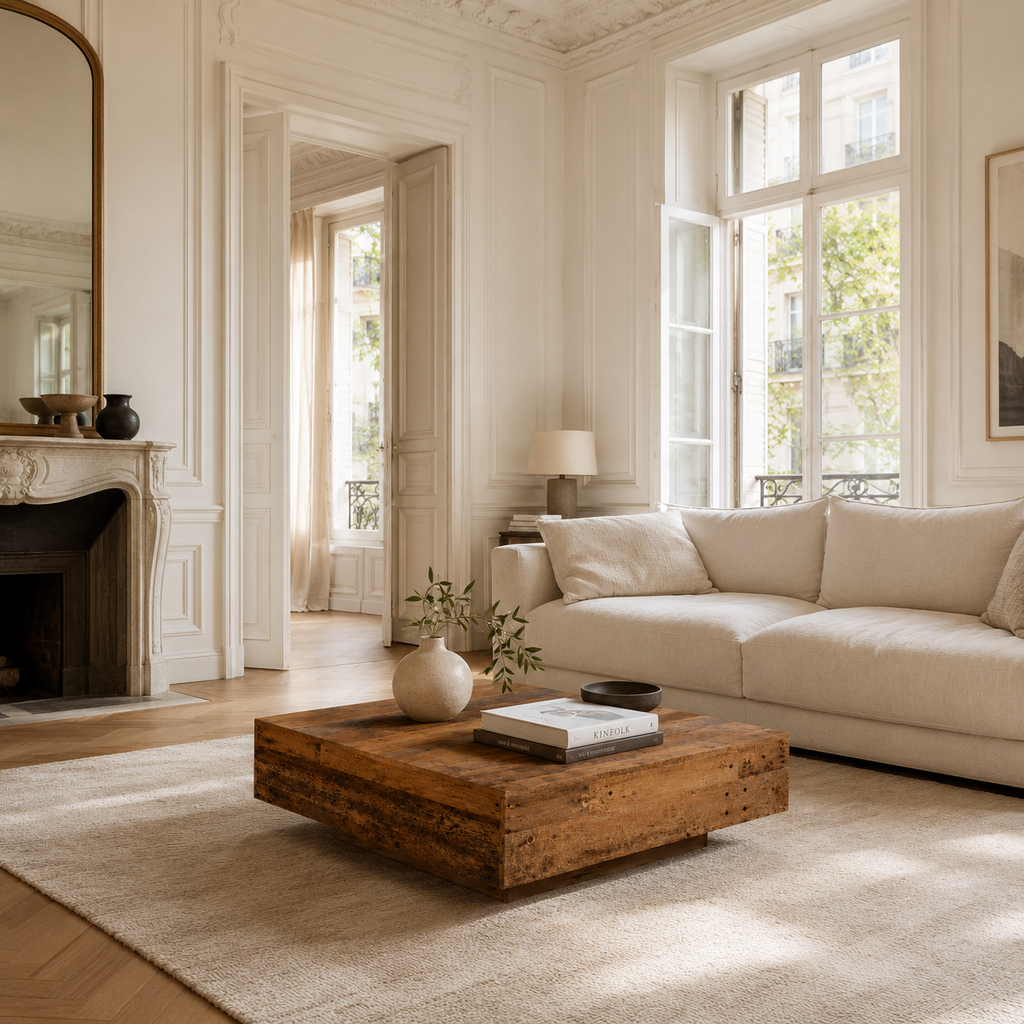 Table basse bois vieilli plateau flottant — 85x55cm