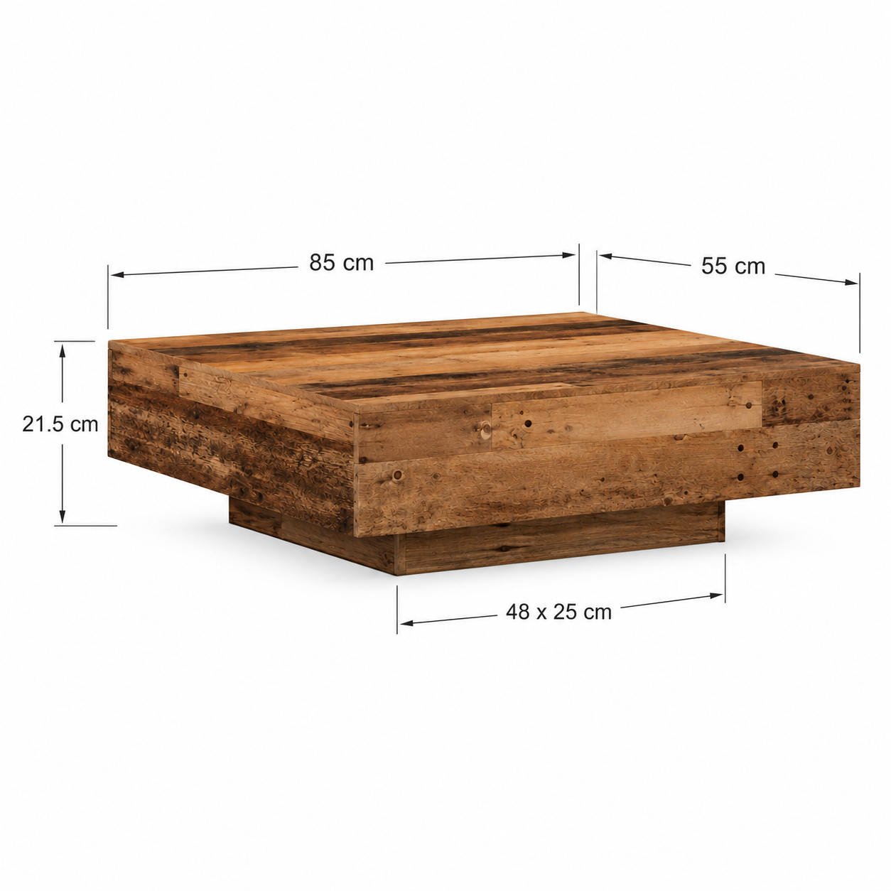 Table basse bois vieilli plateau flottant — 85x55cm