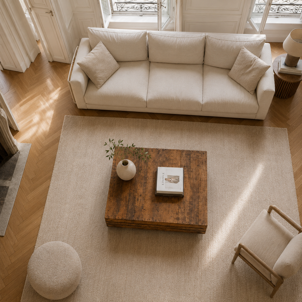 Table basse bois vieilli plateau flottant — 85x55cm
