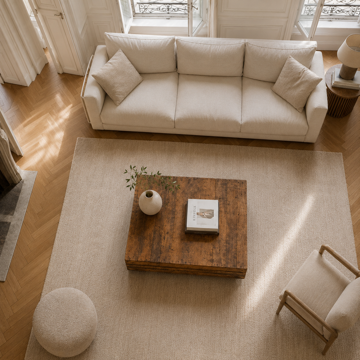 Table basse bois vieilli plateau flottant — 85x55cm