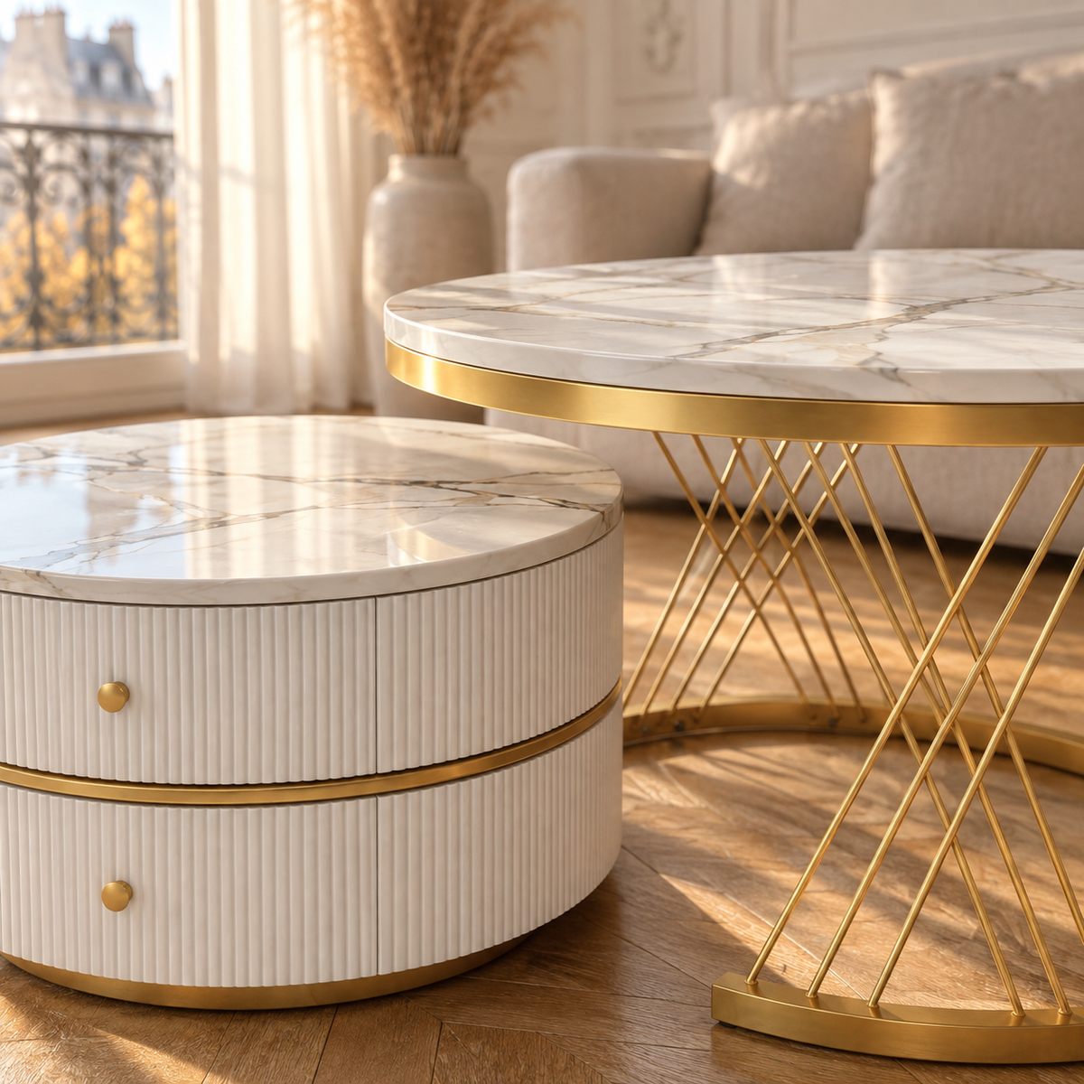 Table basse gigogne ronde effet marbre avec tiroirs