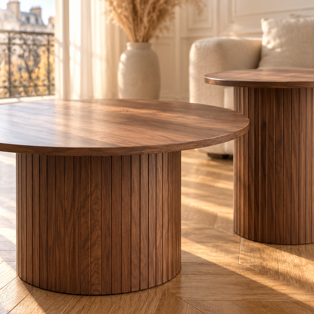 Tables basses gigognes rondes effet bois, colonne rainurée
