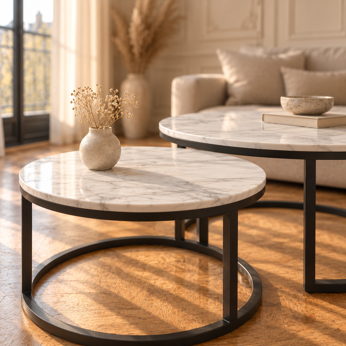 Table basse gigogne ronde effet marbre métal noir