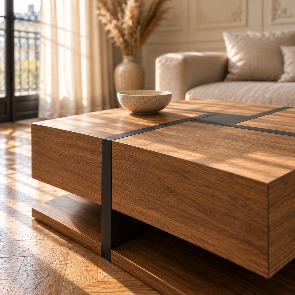 Table basse bois carrée - design géométrique
