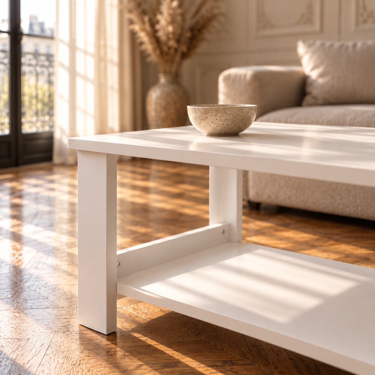 Table basse bois blanche finition grain de bois