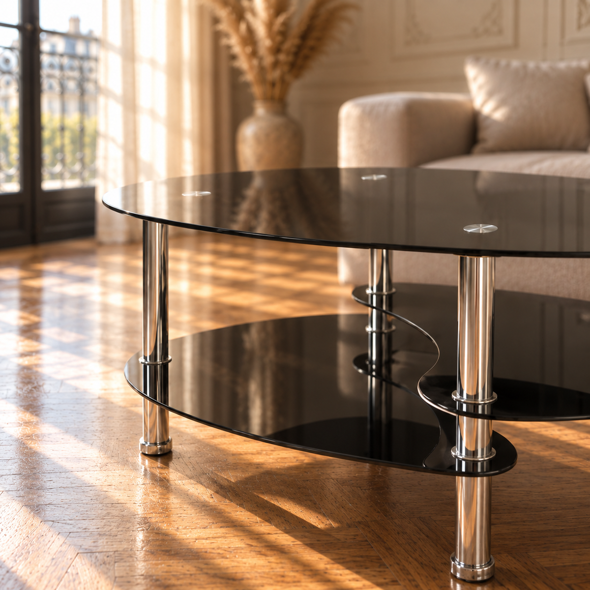 Table basse en verre ovale noir
