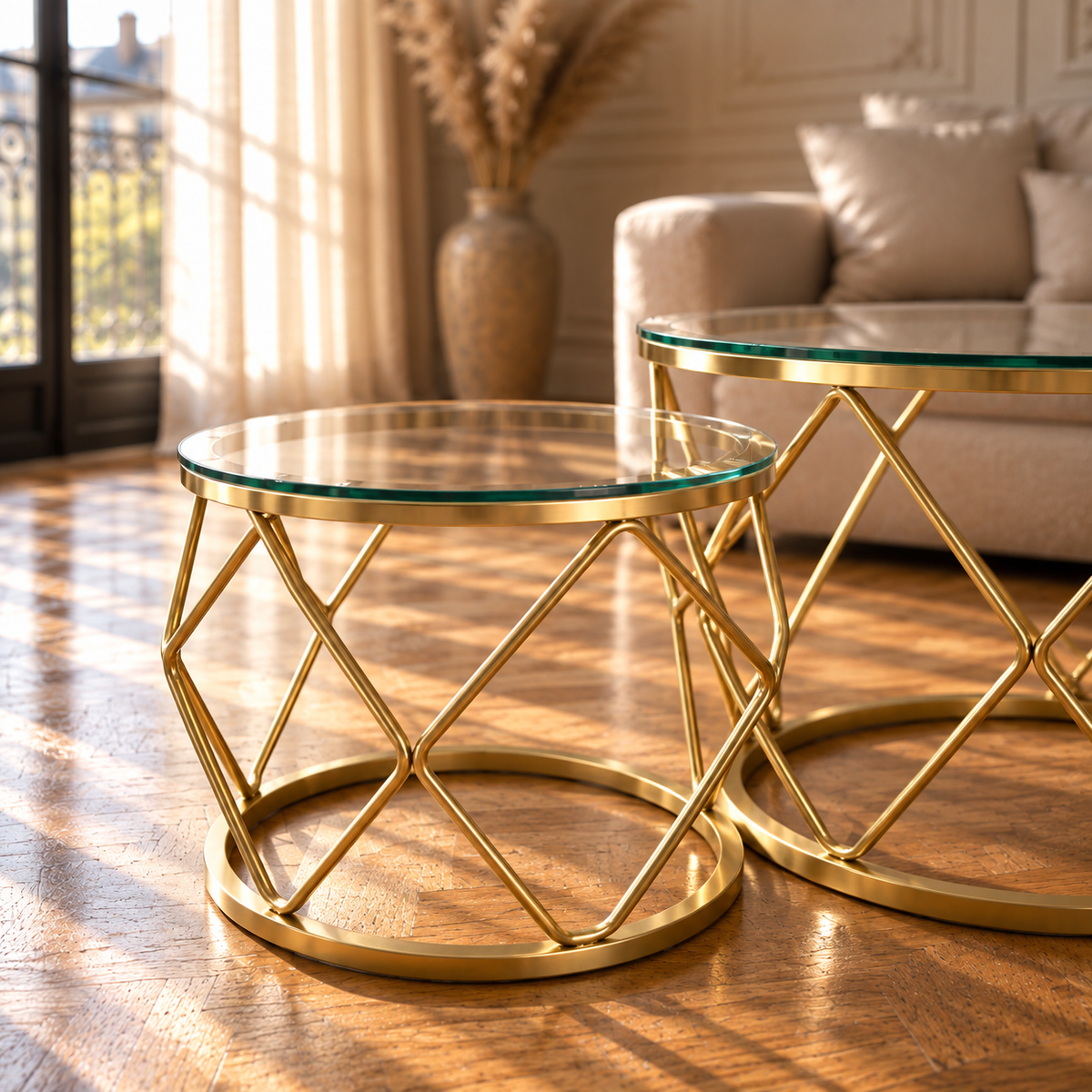 Table basse gigogne en verre ronde dorée