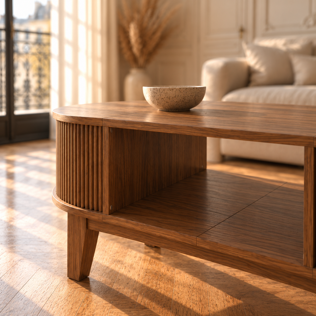 Table basse bois ovale finition noyer