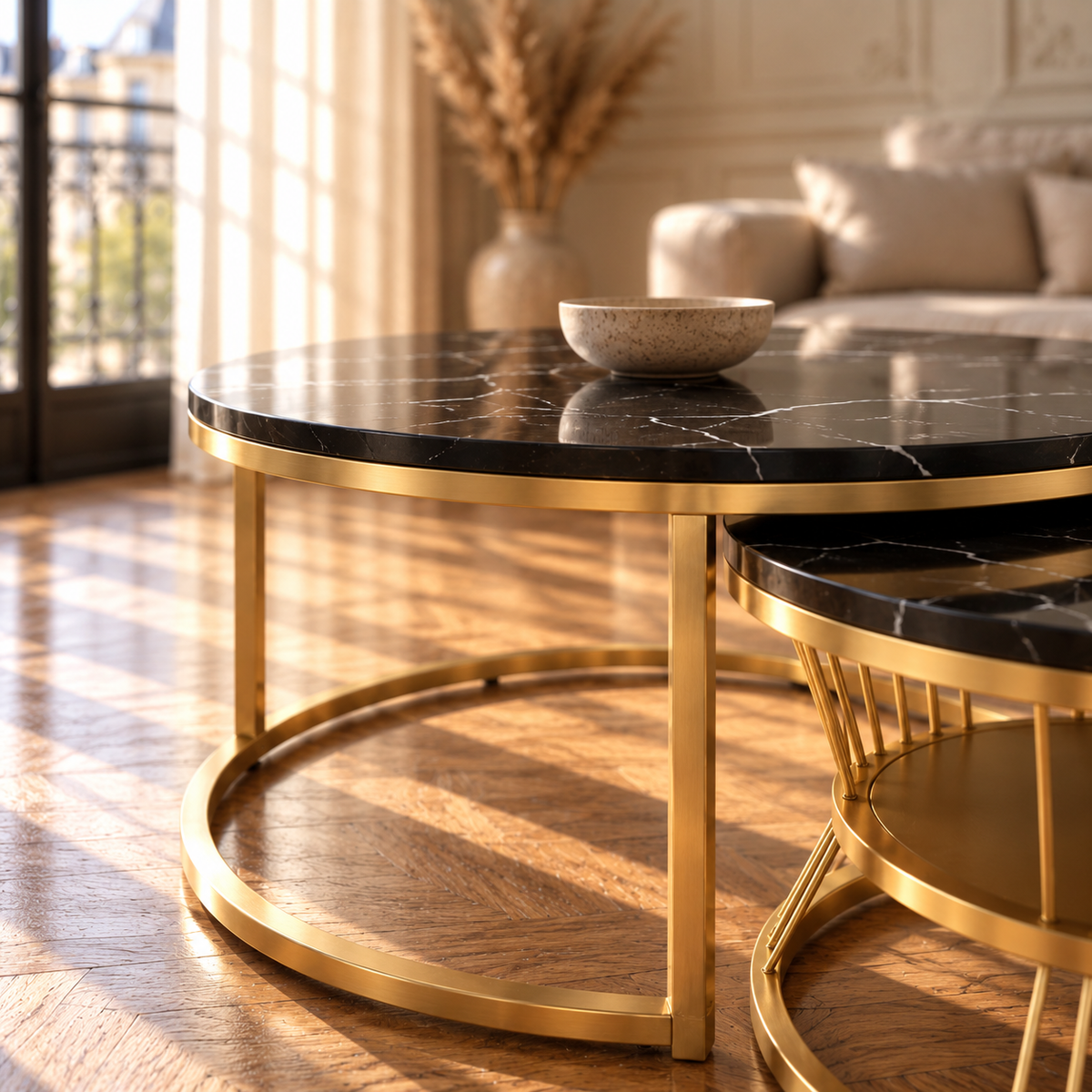 Table basse gigogne ronde effet marbre noir