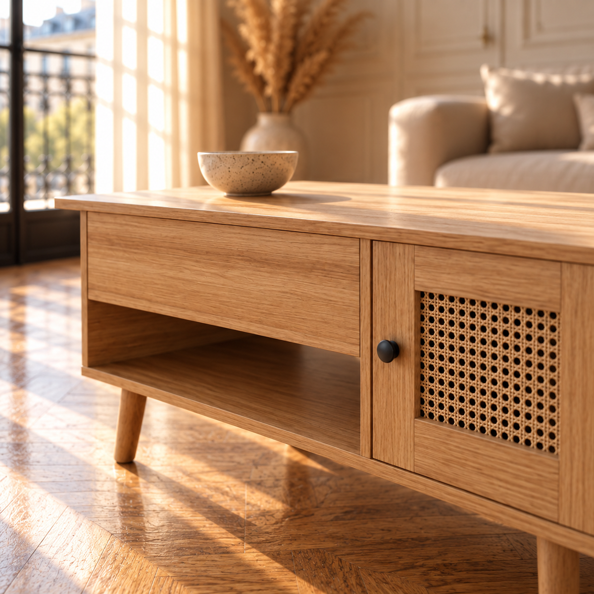 Table basse bois plateau relevable rotin
