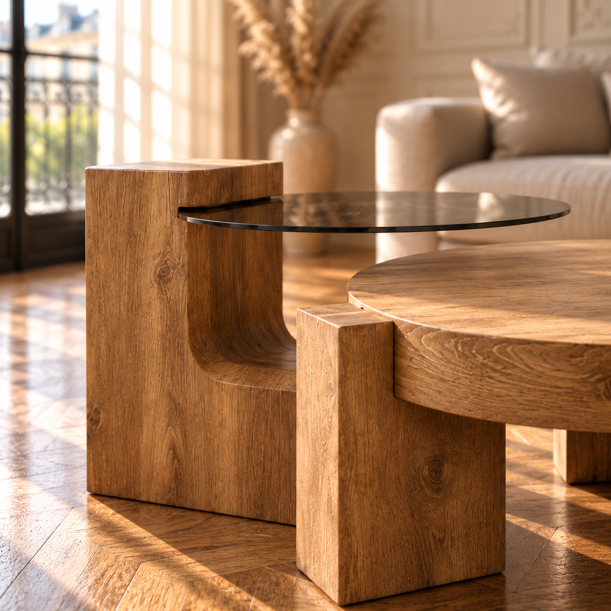 Table basse en verre et bois - design rond
