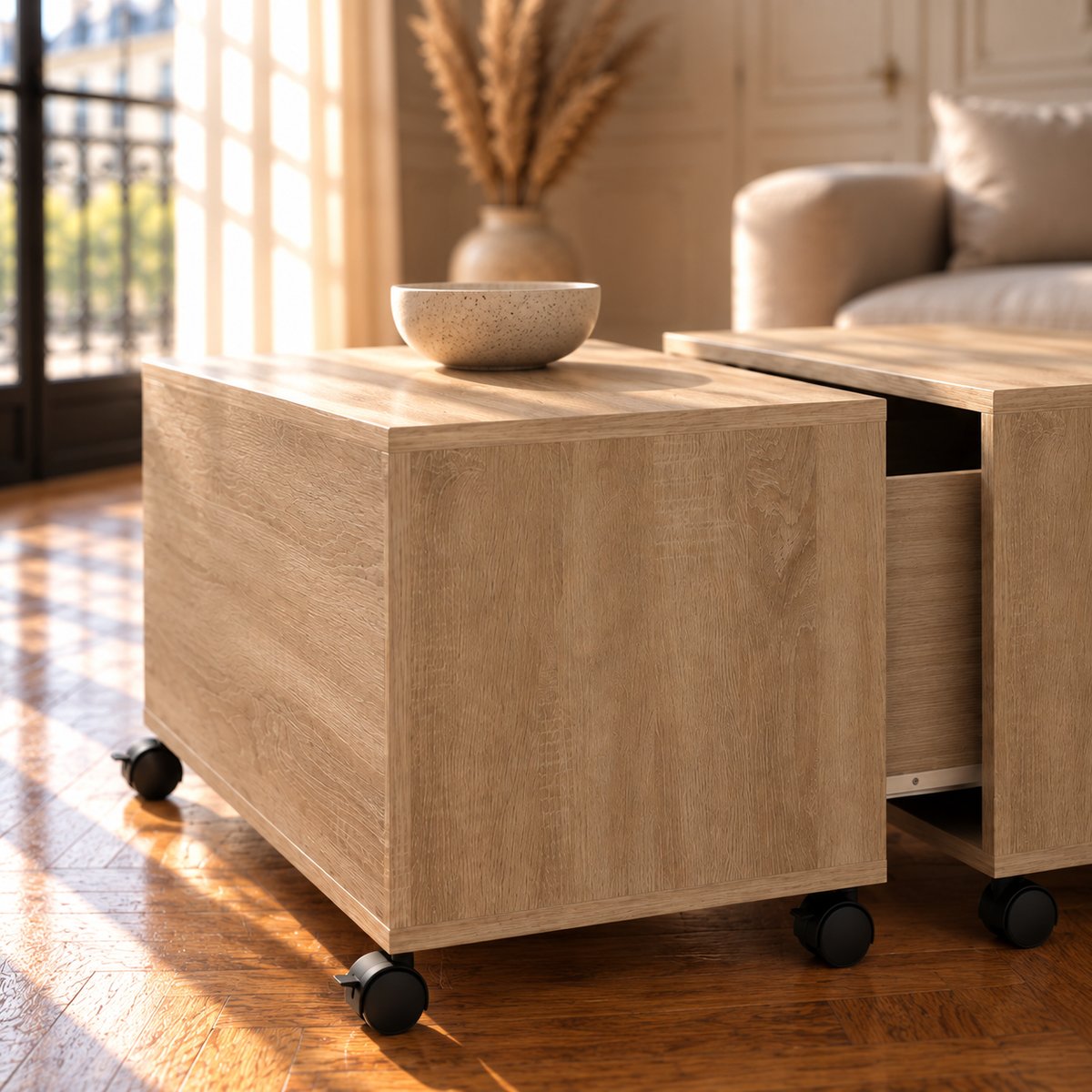 Table basse bois carrée chêne Sonoma