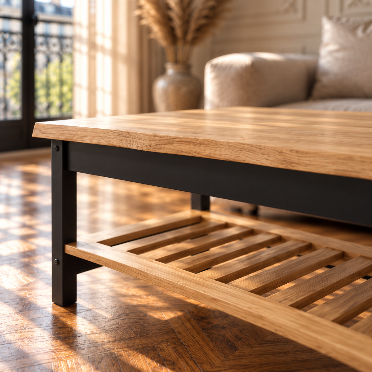 Table basse en bois de pin massif noir avec rangement
