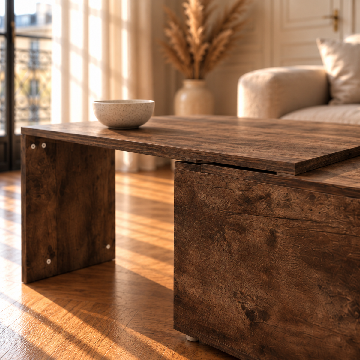 Table basse bois chêne fumé plateau pivotant