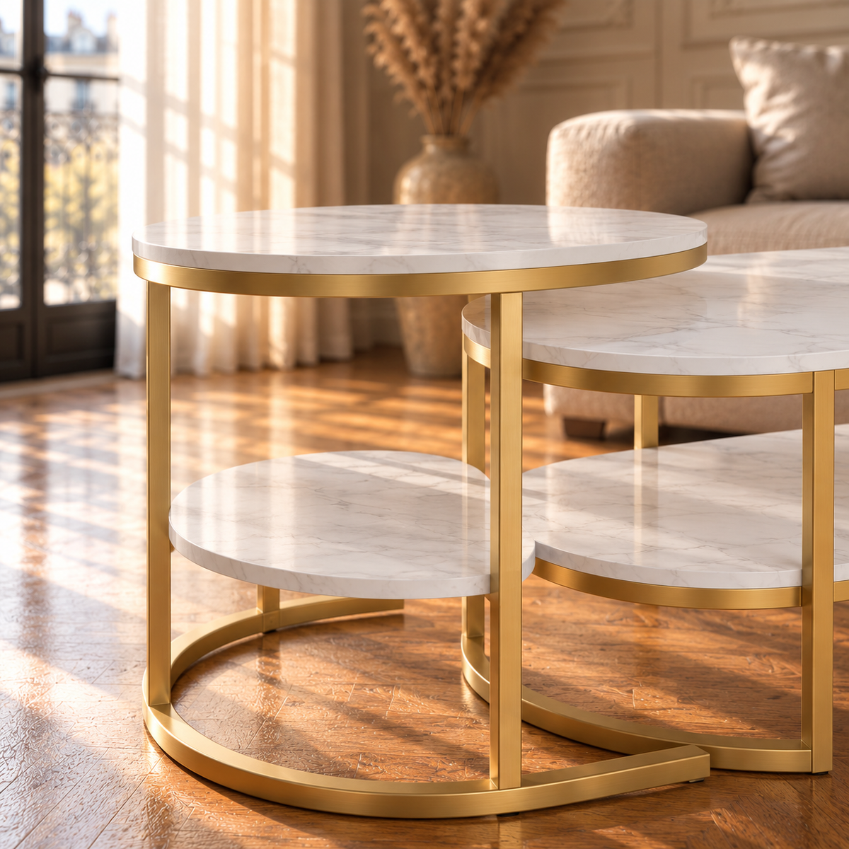 Table basse gigogne ovale effet marbre dorée