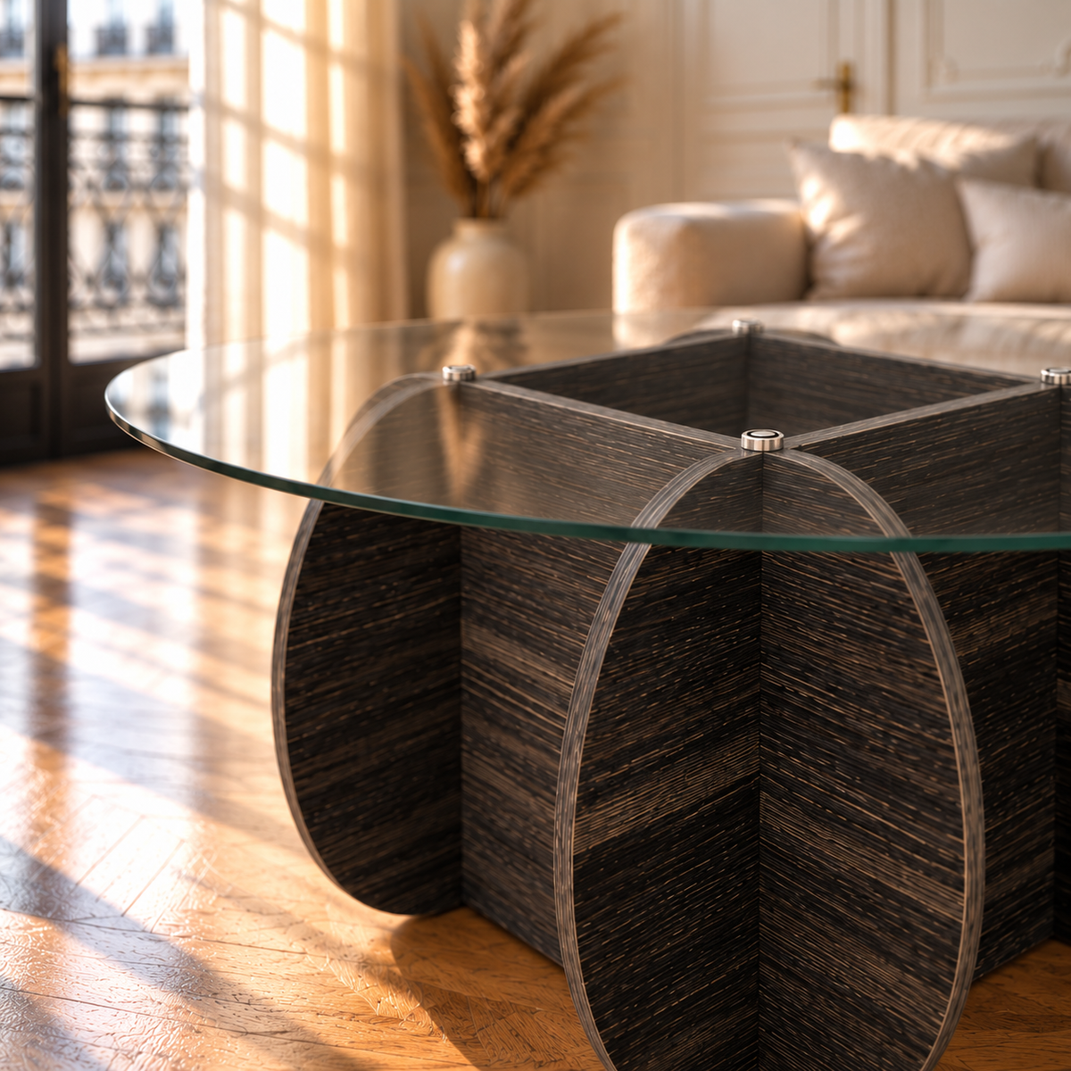 Table basse en verre trempé ronde, base bois massif noir